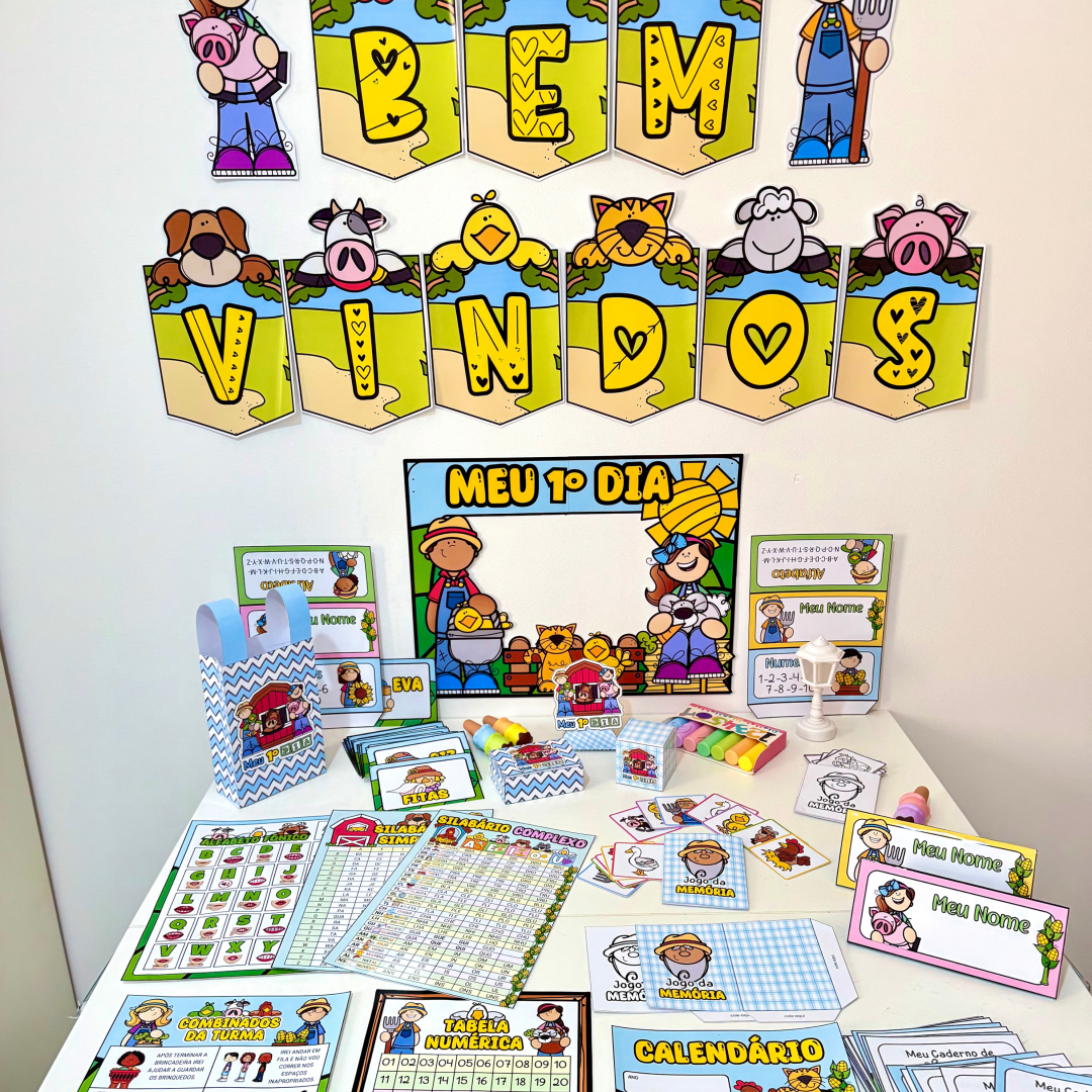 Kit Ornamentação de Sala de Aula tema Fazendinha para turmas da Educação Infantil e séries iniciais do Ensino Fundamental.