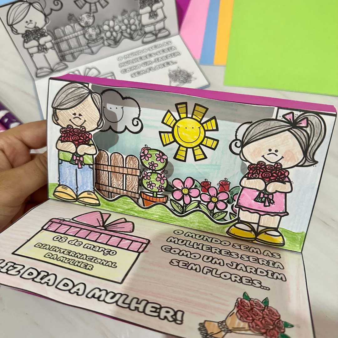 Cartão Jardim 3D para trabalhar o tema Dia Internacional das Mulheres