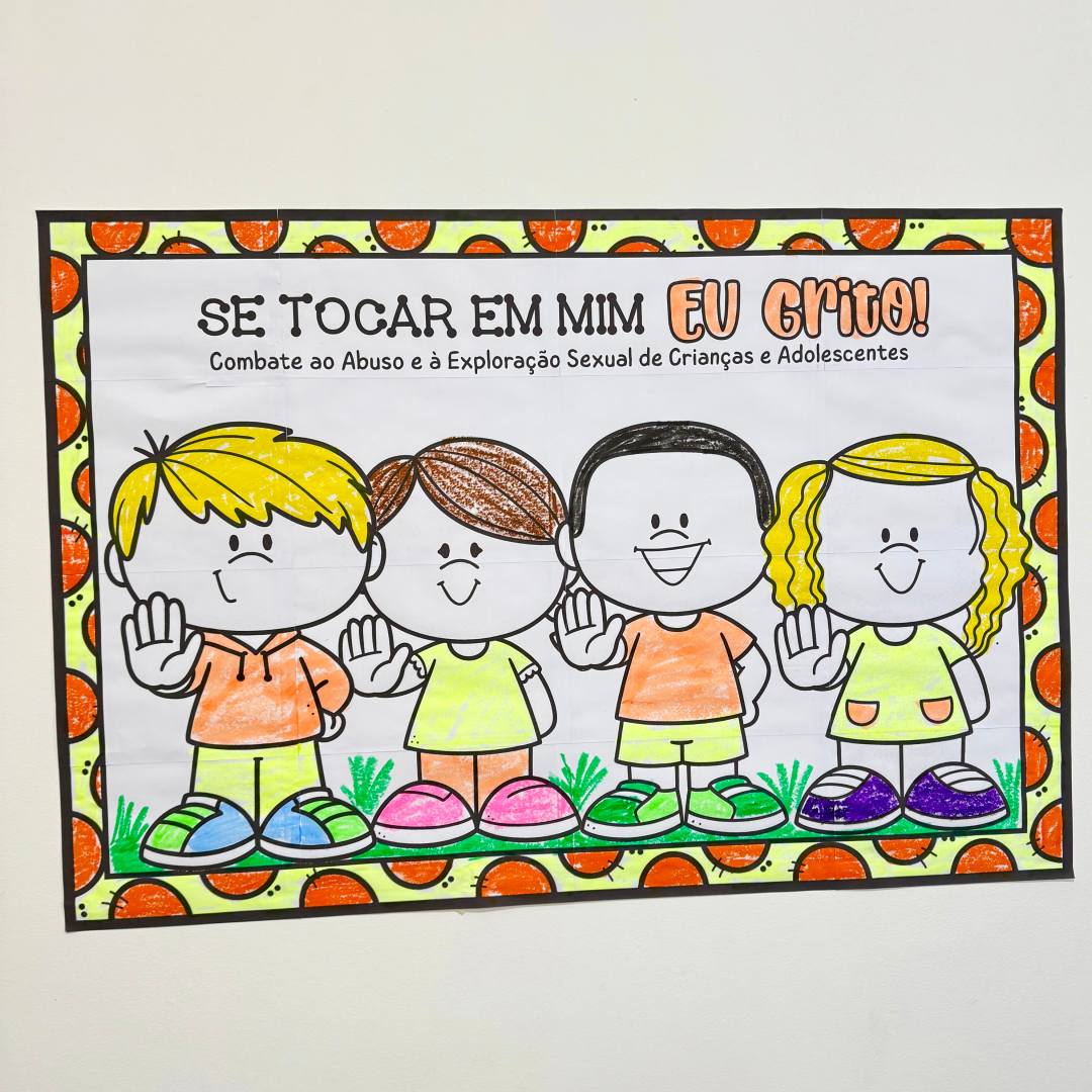 Cartaz colaborativo para colorir para trabalhar o tema “Maio Laranja”