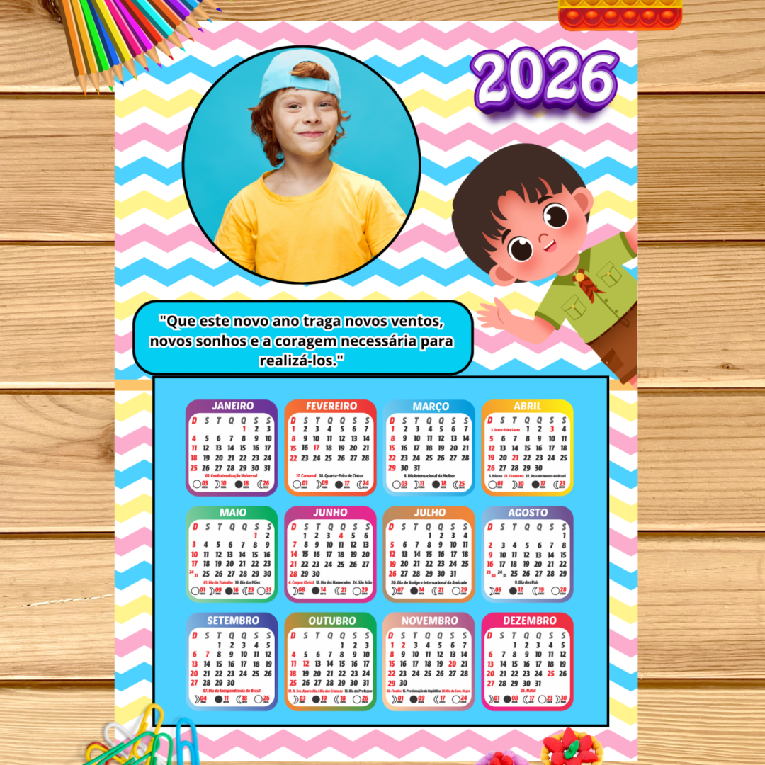 Calendário menino 2026 - foto editável