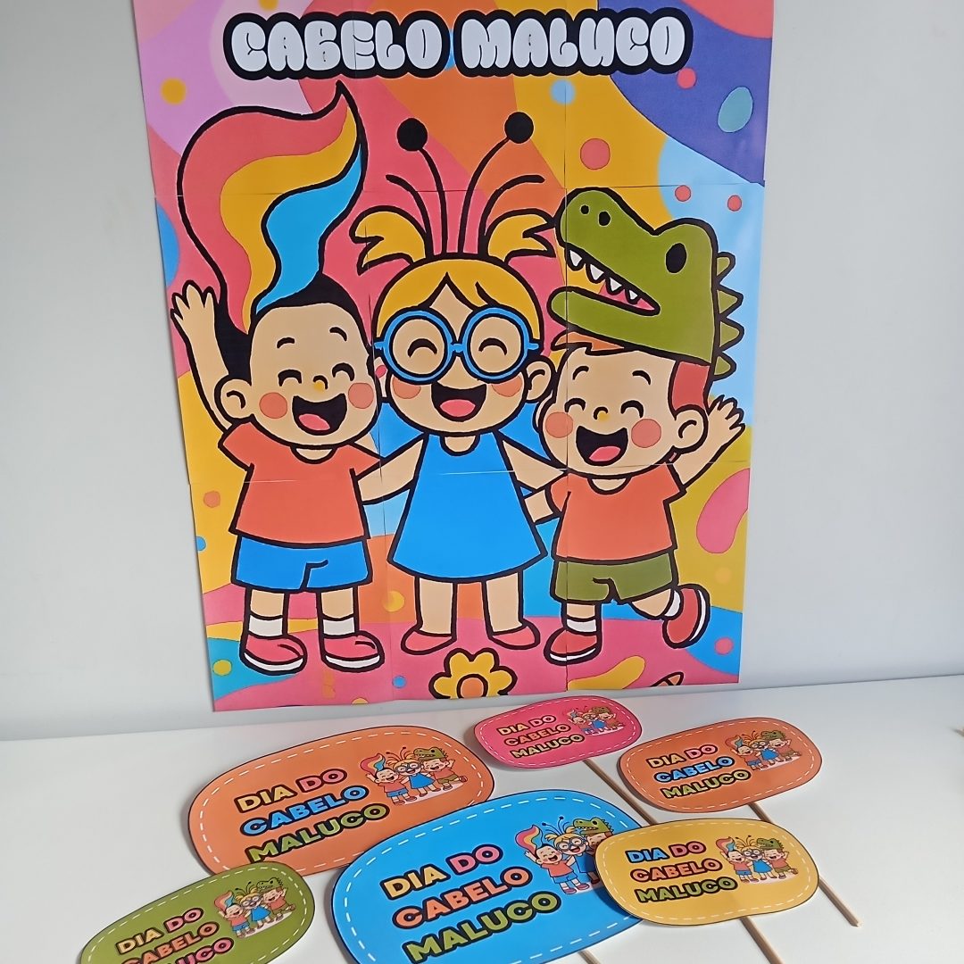 Kit Pedagógico Digital – Painel + Plaquinhas do Dia do Cabelo Maluco 🎨✂️