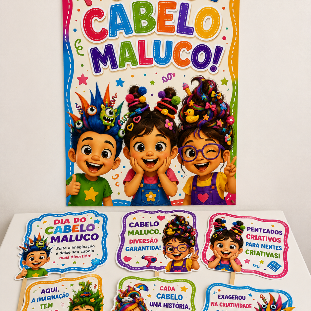 Painel Dia do Cabelo Maluco + Plaquinhas